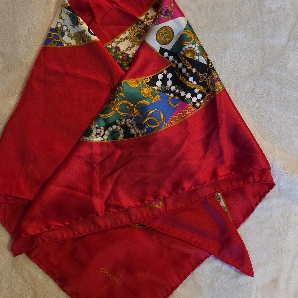 Chanel Multicolor Silk Scarf with Red Base - Picture 4 of 5